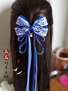 複古風民族風青花瓷蝴蝶結髮飾中國風古裝仙女長飄帶頭飾邊夾