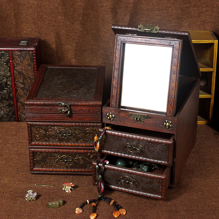 木质仿古首饰盒梳妆盒带镜做旧木盒古董收纳盒拍摄道具创意礼物