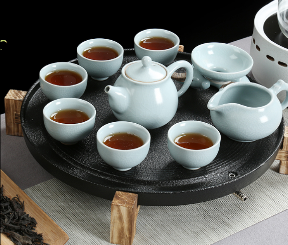 汝窯功夫陶瓷茶具套裝傢用茶壺複古粗陶黑陶蓋碗茶颱石磨茶盤