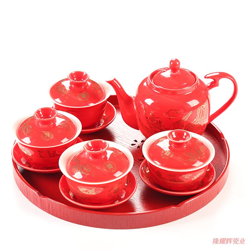 中國紅結婚慶新人敬茶壺泡茶壺整套茶具茶盃喜慶陶瓷茶壺